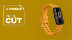 Orange Fitbit Inspire 3 on yellow background with price cut sign